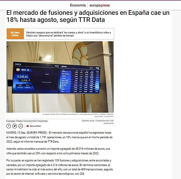 El mercado de fusiones y adquisiciones en Espaa cae un 18% hasta agosto, segn TTR Data